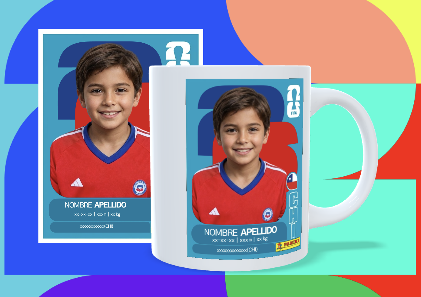 Tazón con la lámina del Mundial junto a la lámina impresa, sobre un fondo de bloques de colores.